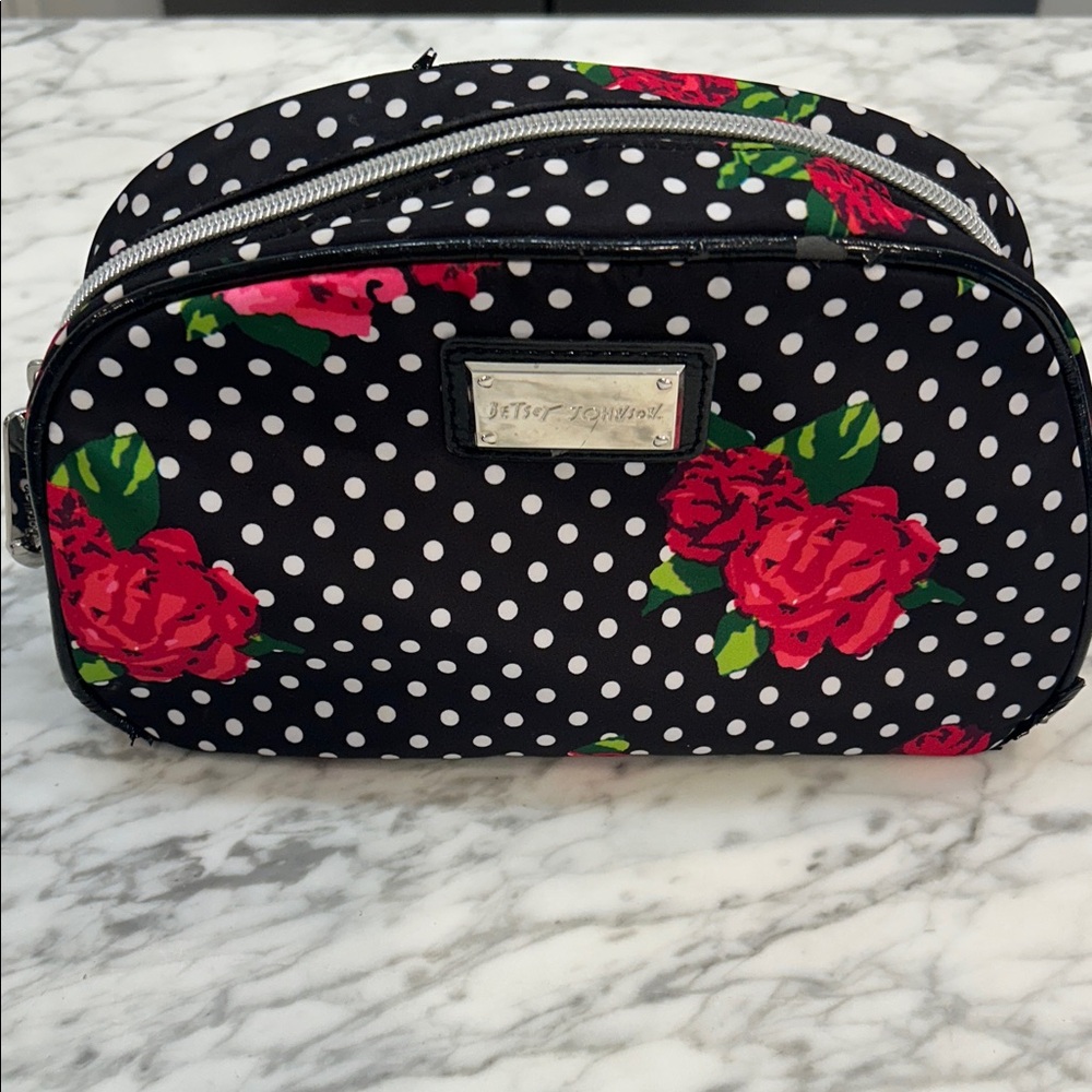 Betsey Johnson Black and Pink Floral Polka Dot Cosmetic Bag